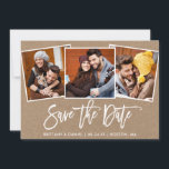 Modern Brush Script 3 Photo Collage Kraft Save The Date<br><div class="desc">Modern Brush Script Couple 3 Photo Save The Date Engagement Announcement Kraft Card</div>