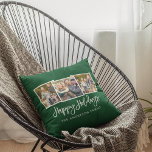 Modern Brush Script 3 Photo Holidays Green Throw Pillow<br><div class="desc">Modern Brush Script 3 Photo Happy Holidays Green Pillow</div>