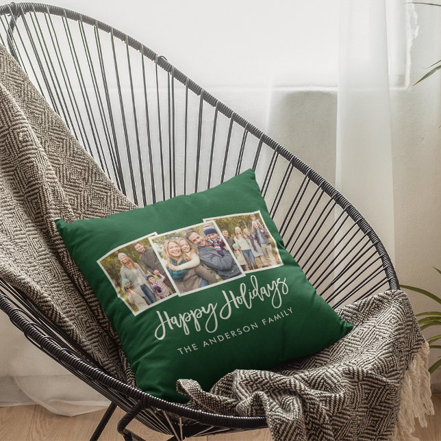 Modern Brush Script 3 Photo Holidays Green Throw Pillow (Customize to change your personalized text size, style or add more text.)