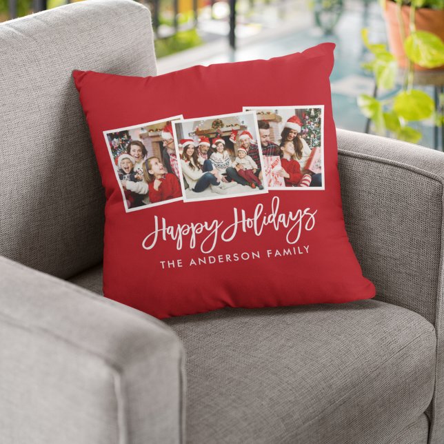 Modern Brush Script 3 Photo Holidays Red Throw Pillow (Customize to change your personalized text size, style or add more text.)
