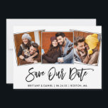 Modern Brush Script 3 Photo Save Our Date Card<br><div class="desc">Modern Brush Script Rustic Wood Couple 3 Photo Save Our Date Engagement Announcement Card</div>