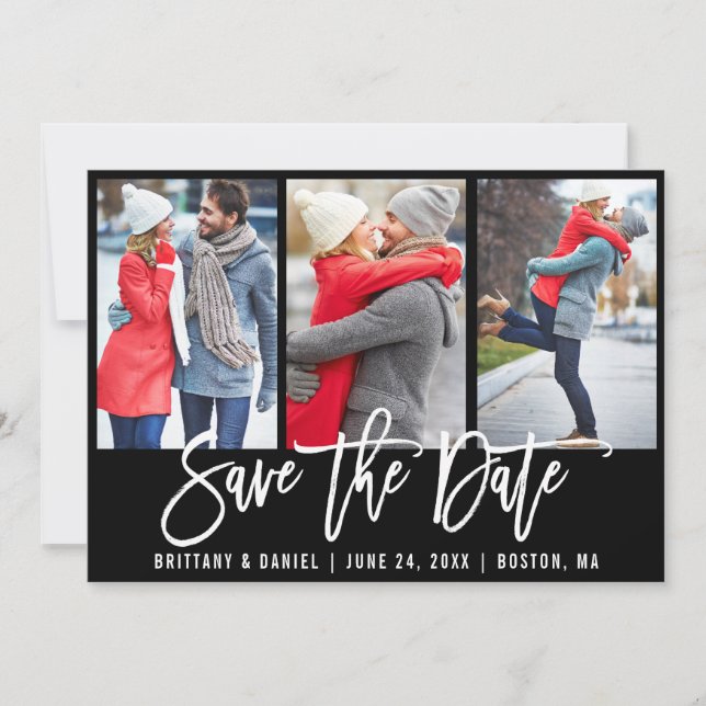 Modern Brush Script 3 Photo Save The Date Blk Card (Front)