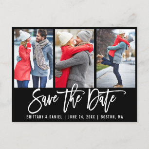Modern Brush Script 3 Photo Save The Date Blk Postcard