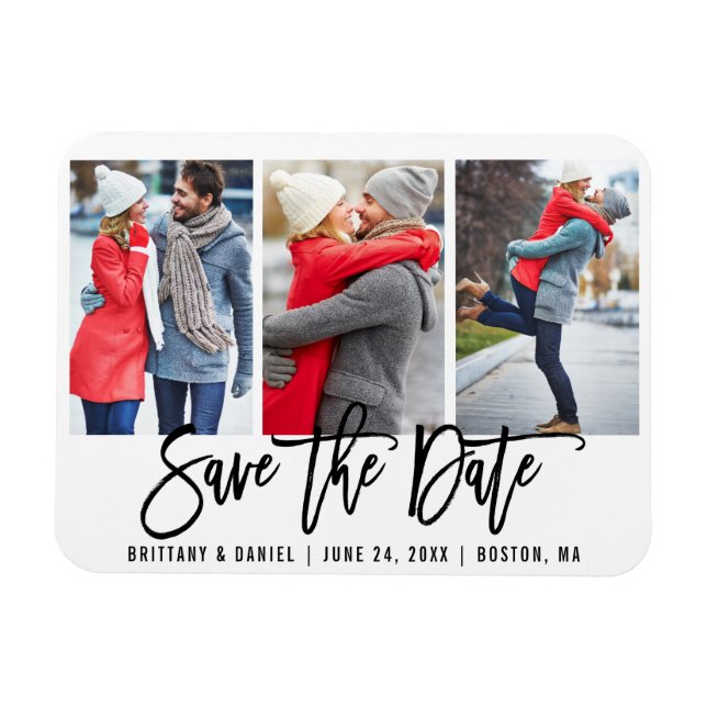 Modern Brush Script 3 Photo Save The Date Wht Magnet (Horizontal)