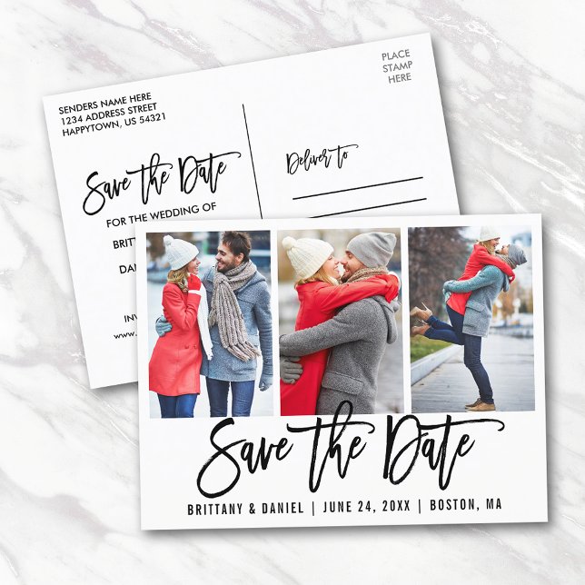 Modern Brush Script 3 Photo Save The Date Wht Postcard (Customize to change your personalized text size or text style.)