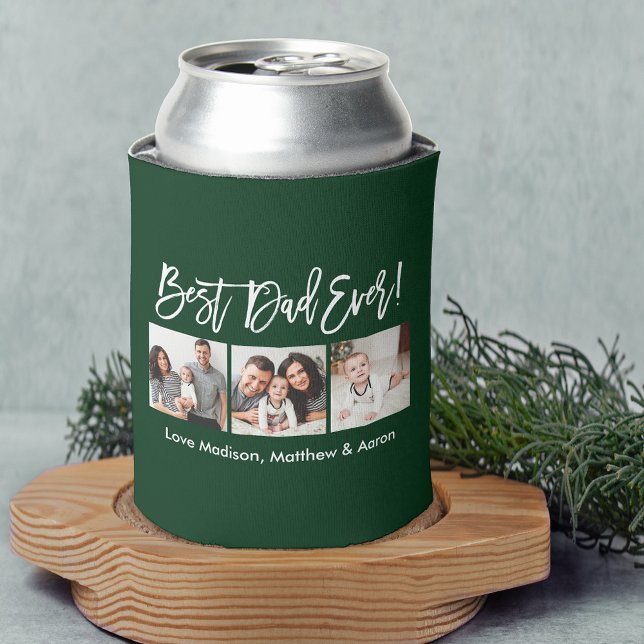 Modern Brush Script 3 Photos Best Dad Ever Green Can Cooler (Customize to change your personalized text size or text style.)