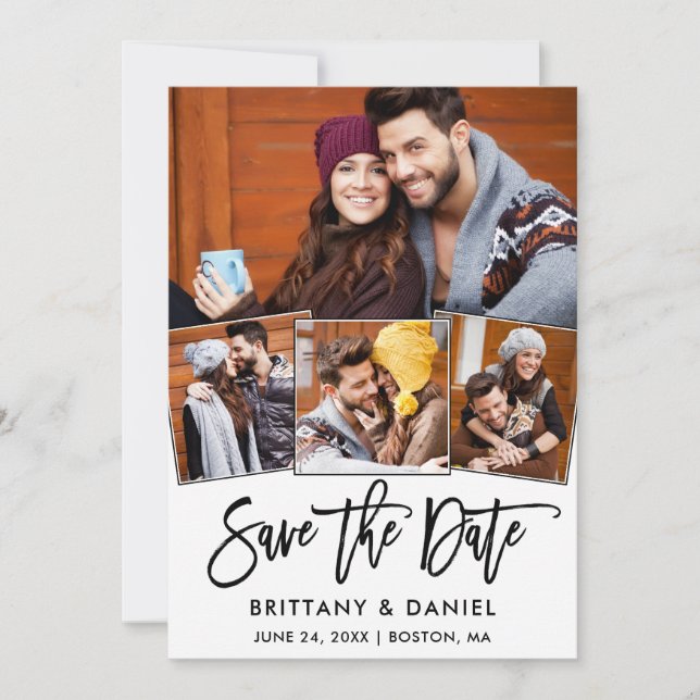 Modern Brush Script 4 Photo Collage Couple Save The Date (Front)