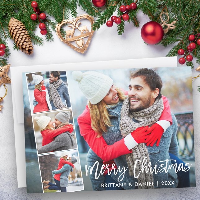 Modern Brush Script 4 Photo Couple Collage Holiday Card (Customize to add text to back of card.)