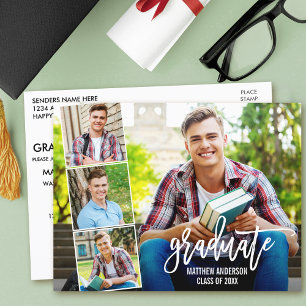 Modern Brush Script 4 Photo Graduation Party Postcard