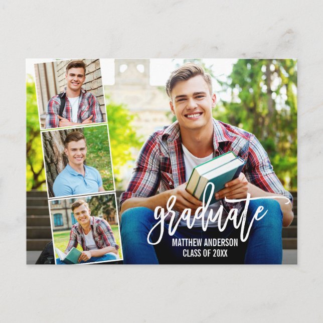 Modern Brush Script 4 Photo Graduation Party Postcard (Front)
