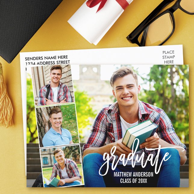 Modern Brush Script 4 Photo Graduation Postcard (Creator Uploaded)
