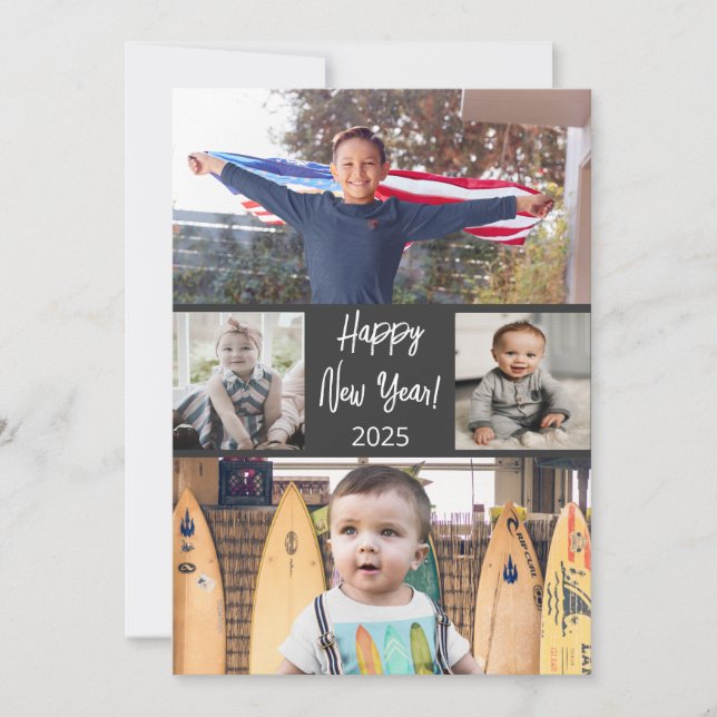 Modern Brush Script 4 Photo Happy New Year Card (Front)