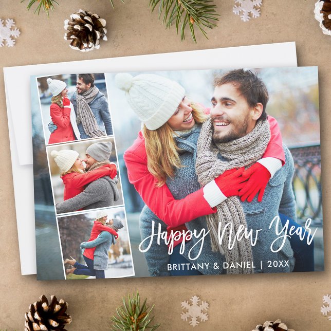 Modern Brush Script 4 Photo Happy New Year Holiday Card (Customize to add text or more photos to back of card.)