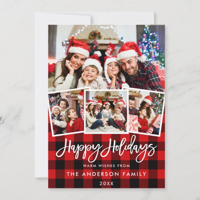 Modern Brush Script 4 Photo Holidays Red Plaid Holiday Card (Front)