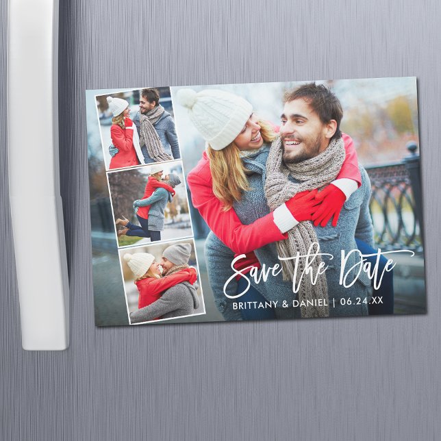 Modern Brush Script 4 Photo Magnetic Save The Date (Creator Uploaded)