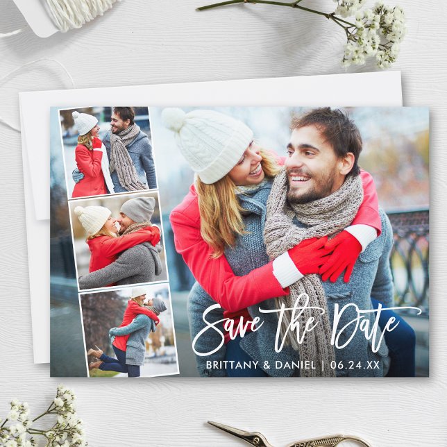 Modern Brush Script 4 Photo Save The Date (Customize to change your personalized text size, style or to add more text & photos to back of card.)