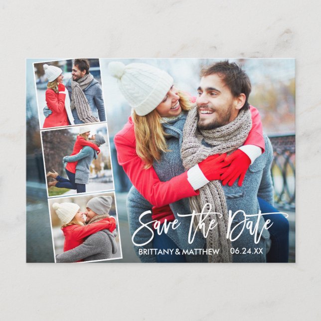 Modern Brush Script 4 Photo Save The Date Postcard (Front)