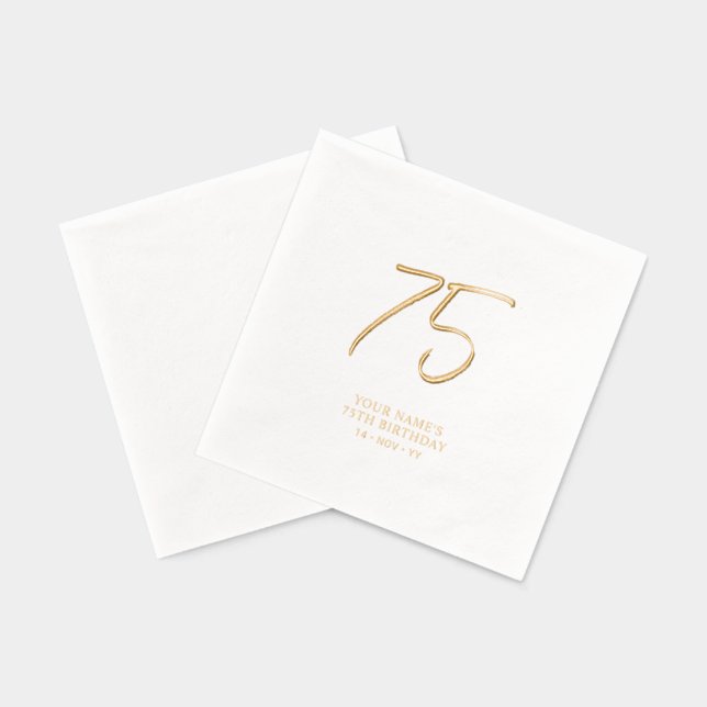 Modern Brush Script 75th Birthday Party Foil Napkins (Back)