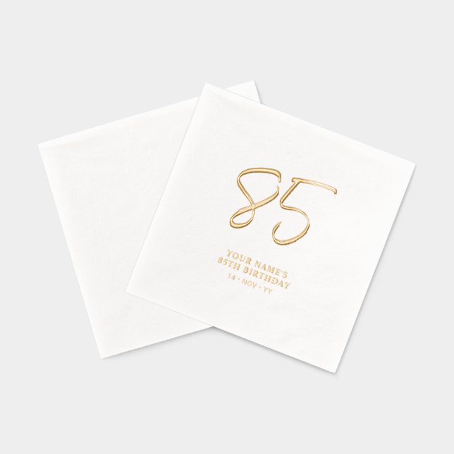 Modern Brush Script 85th Birthday Party Foil Napkins (Back)