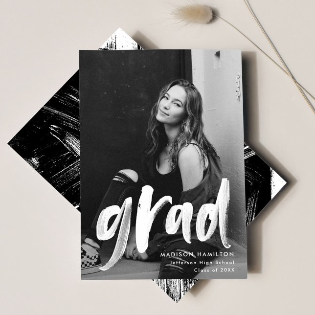 Modern Brush Script Black Photo Graduation Announcement (Creator Uploaded)