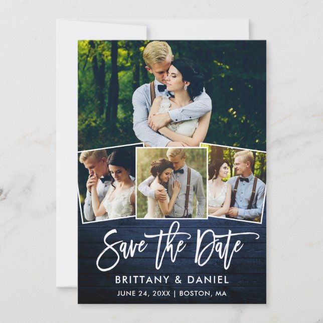 Modern Brush Script Blue Wood 4 Photo Couple Save The Date (Front)