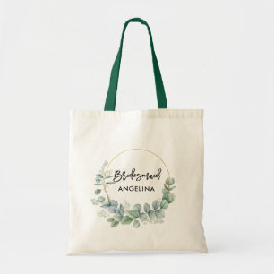 Modern Brush Script Botanical Greenery Bridesmaid Tote Bag