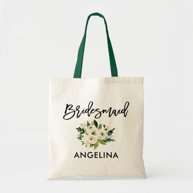 Modern Brush Script Bridesmaid Green White Floral Tote Bag (Front)