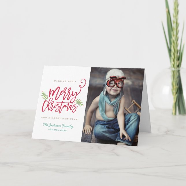 Modern Brush Script Bright Christmas Holiday Photo Card (Front)