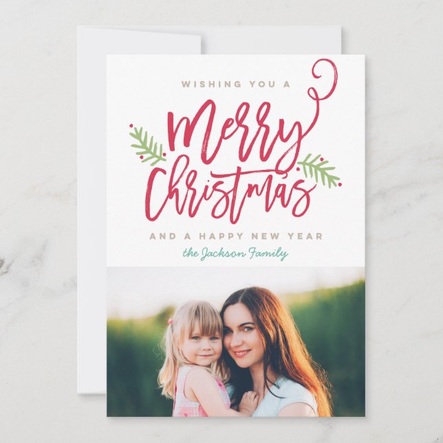 Modern Brush Script Bright Christmas Holiday Photo Card (Front)