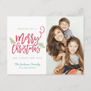 Modern Brush Script Bright Christmas Holiday Photo Postcard