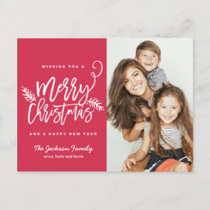 Modern Brush Script Bright Christmas Holiday Photo Postcard