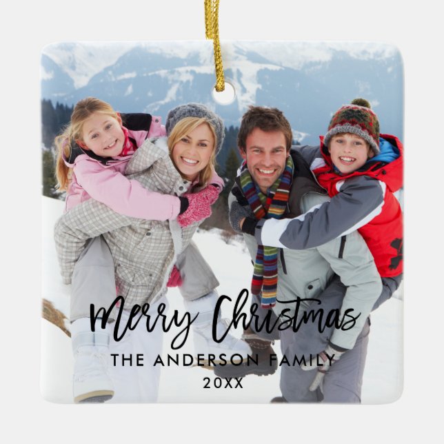 Modern Brush Script Christmas Family Photo Square Ceramic Ornament (Front)