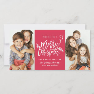 Modern Brush Script Christmas Holiday 2-Photo Red