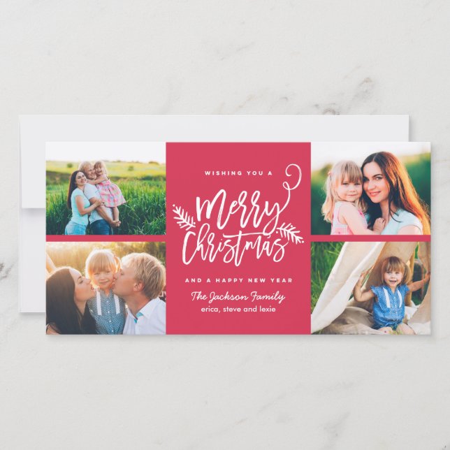 Modern Brush Script Christmas Holiday 4-Photo Red (Front)