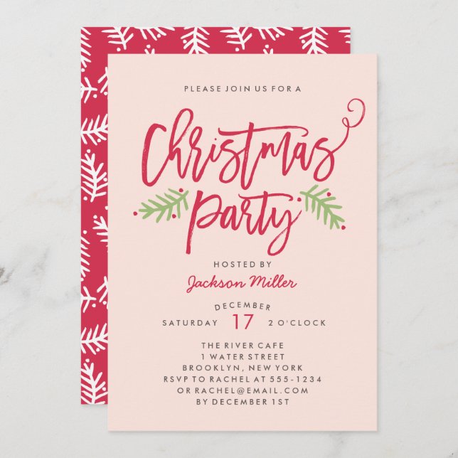 Modern Brush Script Christmas Holiday Party Blush Invitation (Front/Back)