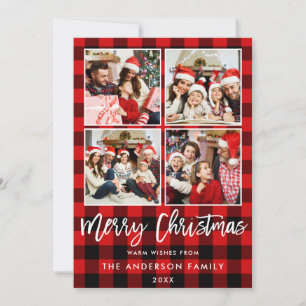 Modern Brush Script Christmas Red Plaid 4 Photo Holiday Card