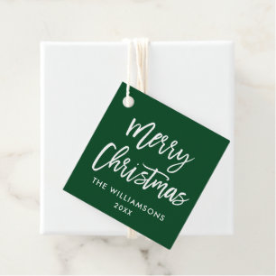 Modern Brush Script Christmas Square Green Favour Tags