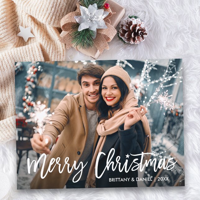 Modern Brush Script Christmas Star Photo Postcard (Customize to change your personalized text size or text style.)