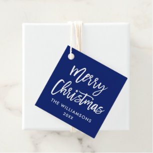 Modern Brush Script Christmas Star Square Blue Favour Tags