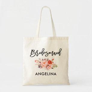 Modern Brush Script Coral Floral Bridesmaid Tote Bag