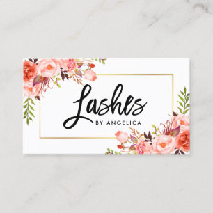 Modern Brush Script Coral Floral Lashes Business Card