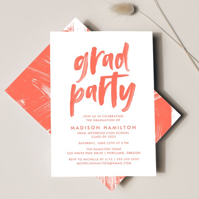Modern Brush Script Coral Graduation Party Invitation (Creator Uploaded)