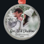 Modern Brush Script Couple Our First Christmas Metal Ornament<br><div class="desc">Modern Brush Script Our First Christmas Couple Photo Ornament - Round</div>