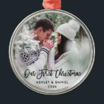 Modern Brush Script Couple Our First Christmas Metal Ornament<br><div class="desc">Modern Brush Script Our First Christmas Couple Photo Ornament - Round</div>