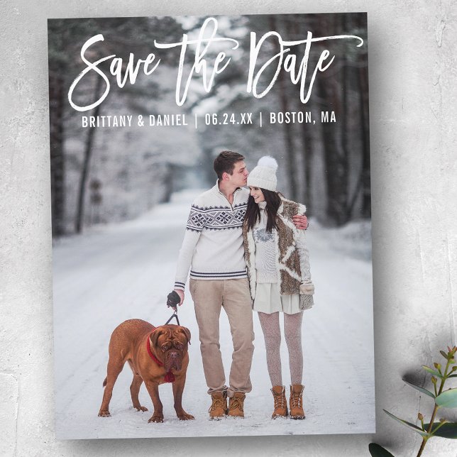 Modern Brush Script Couple Photo Save The Date Postcard (Customize to change your personalized text size or text style.)
