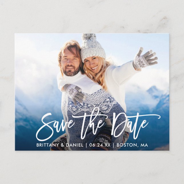 Modern Brush Script Couple Photo Save The Date W Postcard (Front)