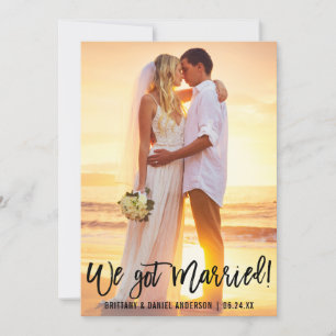 Modern Brush Script Couple Photo We Got Married Announcement