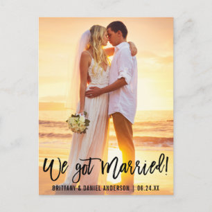 Modern Brush Script Couple Photo We Got Married Postcard