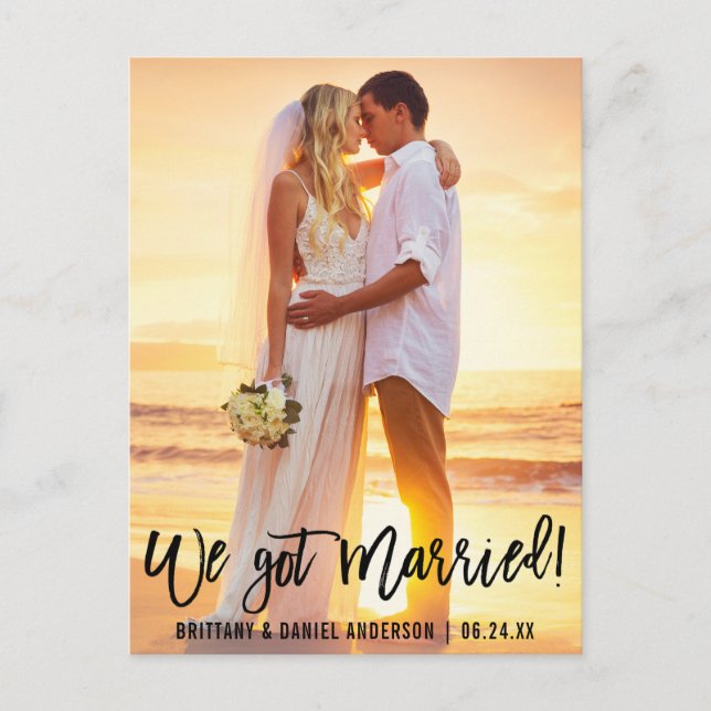 Modern  Brush Script Couple Photo We Got Married Postcard (Front)