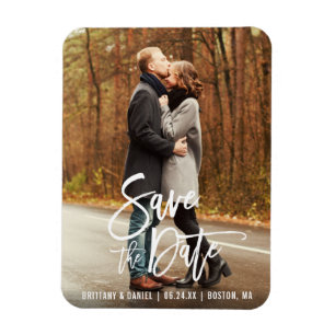 Modern Brush Script Engagement Save The Date Photo Magnet